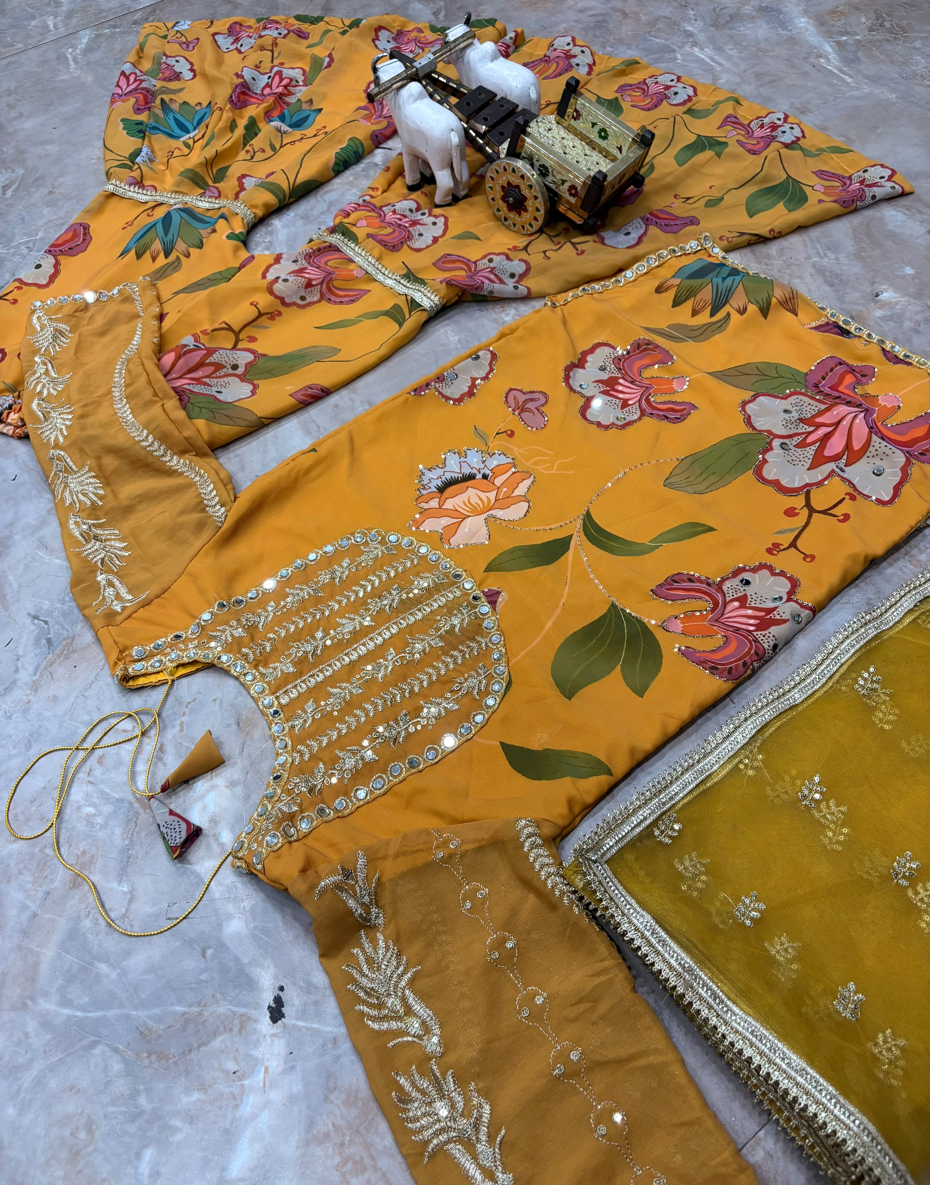 Mustard Yellow Floral Sharara Suit Set for Women