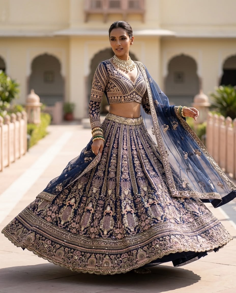 Royal Navy Blue Embroidered Lehenga Choli with Dupatta