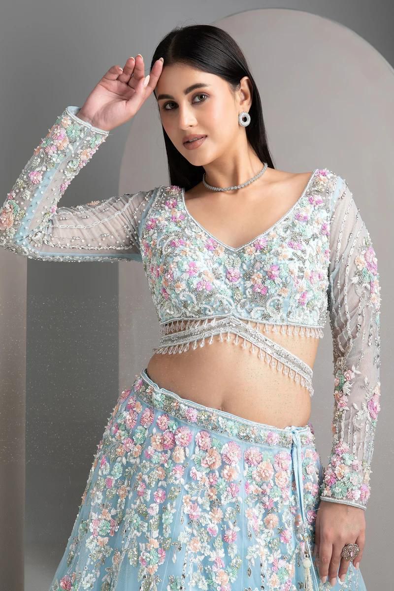 Mint Blue Floral Embroidered Lehenga Choli Set with Dupatta
