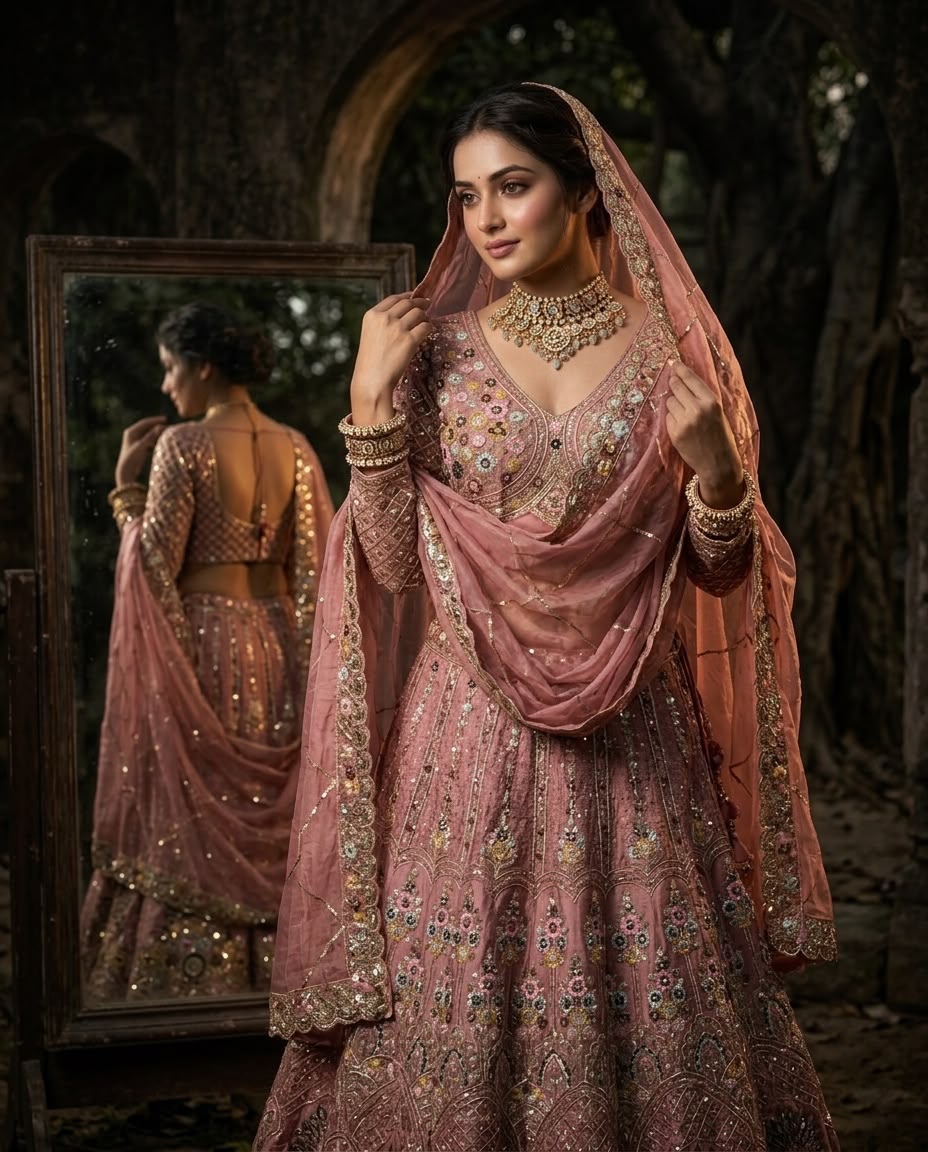 Dusty Rose Pink Bridal Lehenga Choli Set – Heavy Embroidered Wedding Lehenga with Dupatta, Designer Indian Bridal Outfit, Reception & Engagement Wear