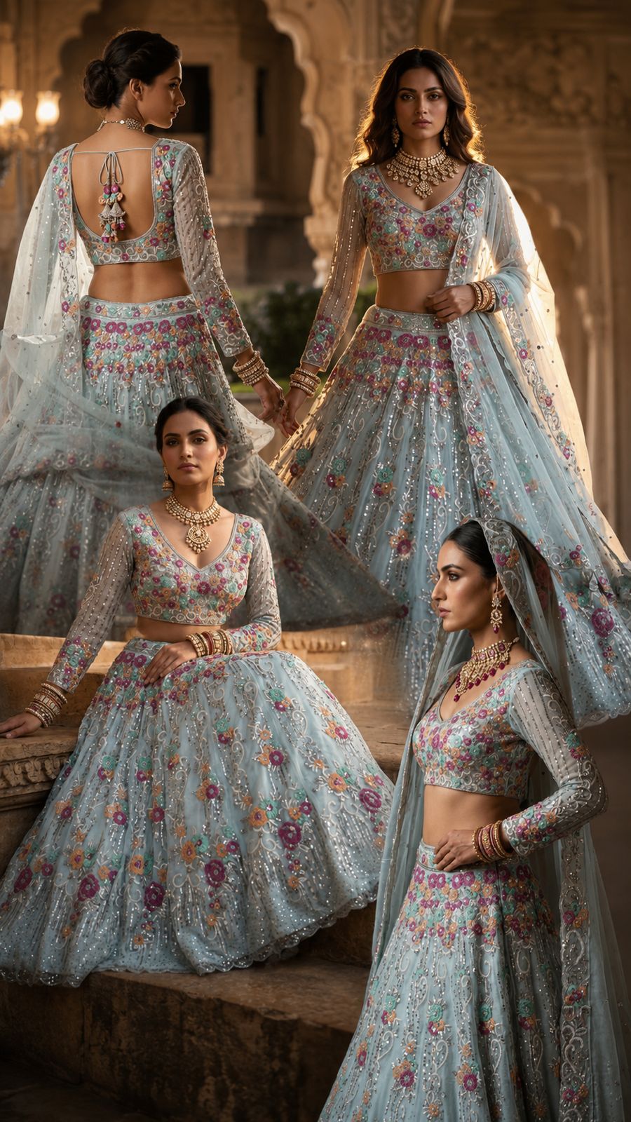 Mint Blue Floral Embroidered Lehenga Choli Set with Dupatta