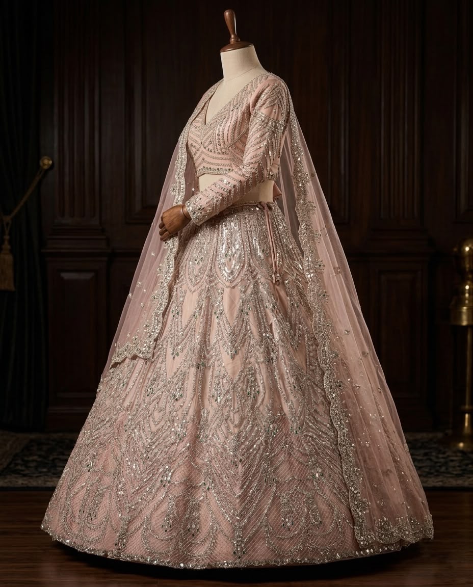 Blush Pink Bridal Lehenga Choli Set, Heavy Sequin Embroidered Wedding Lehenga, Designer Reception Outfit, Indian Bridal Wear