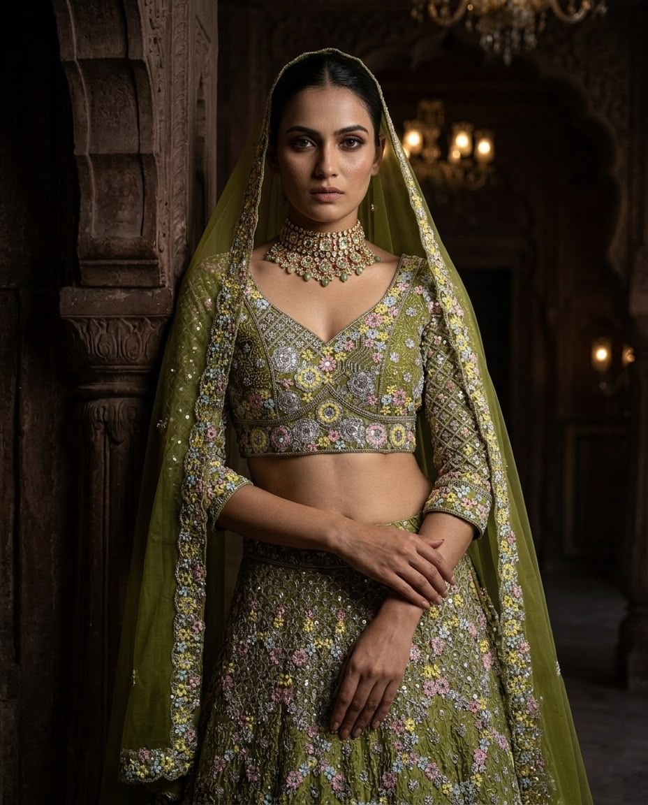 Olive Green Bridal Lehenga Choli Set, Floral Embroidered Wedding Lehenga, Designer Indian Bridal Wear, Reception Lehenga with Dupatta