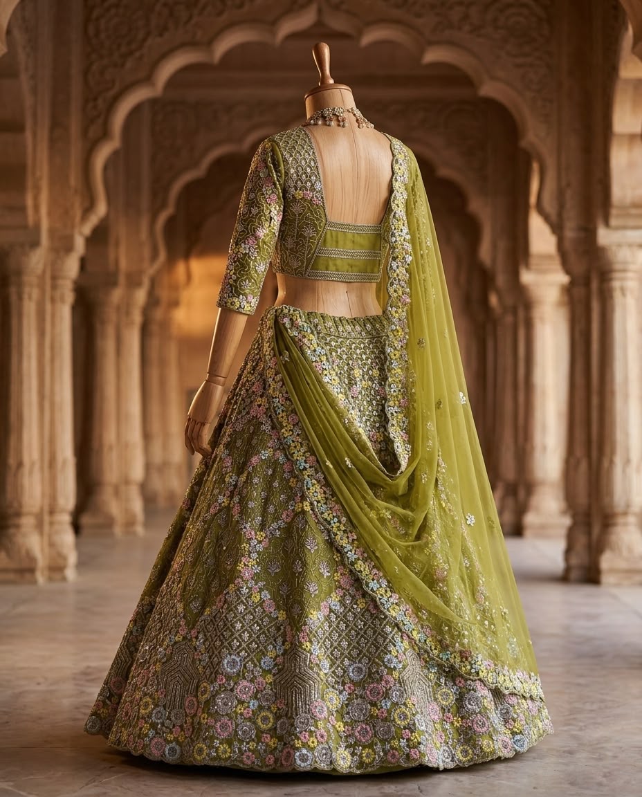 Olive Green Bridal Lehenga Choli Set, Floral Embroidered Wedding Lehenga, Designer Indian Bridal Wear, Reception Lehenga with Dupatta
