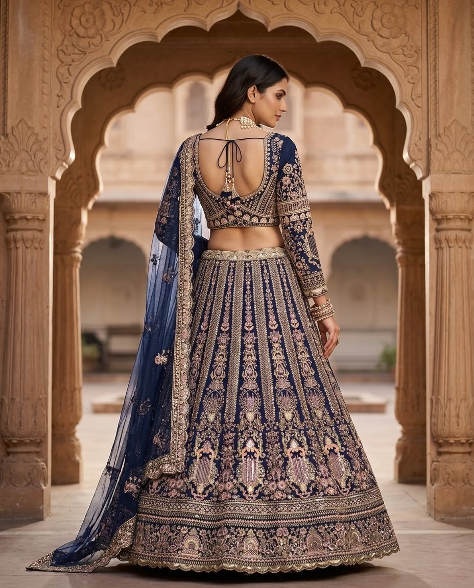Royal Navy Blue Embroidered Lehenga Choli with Dupatta