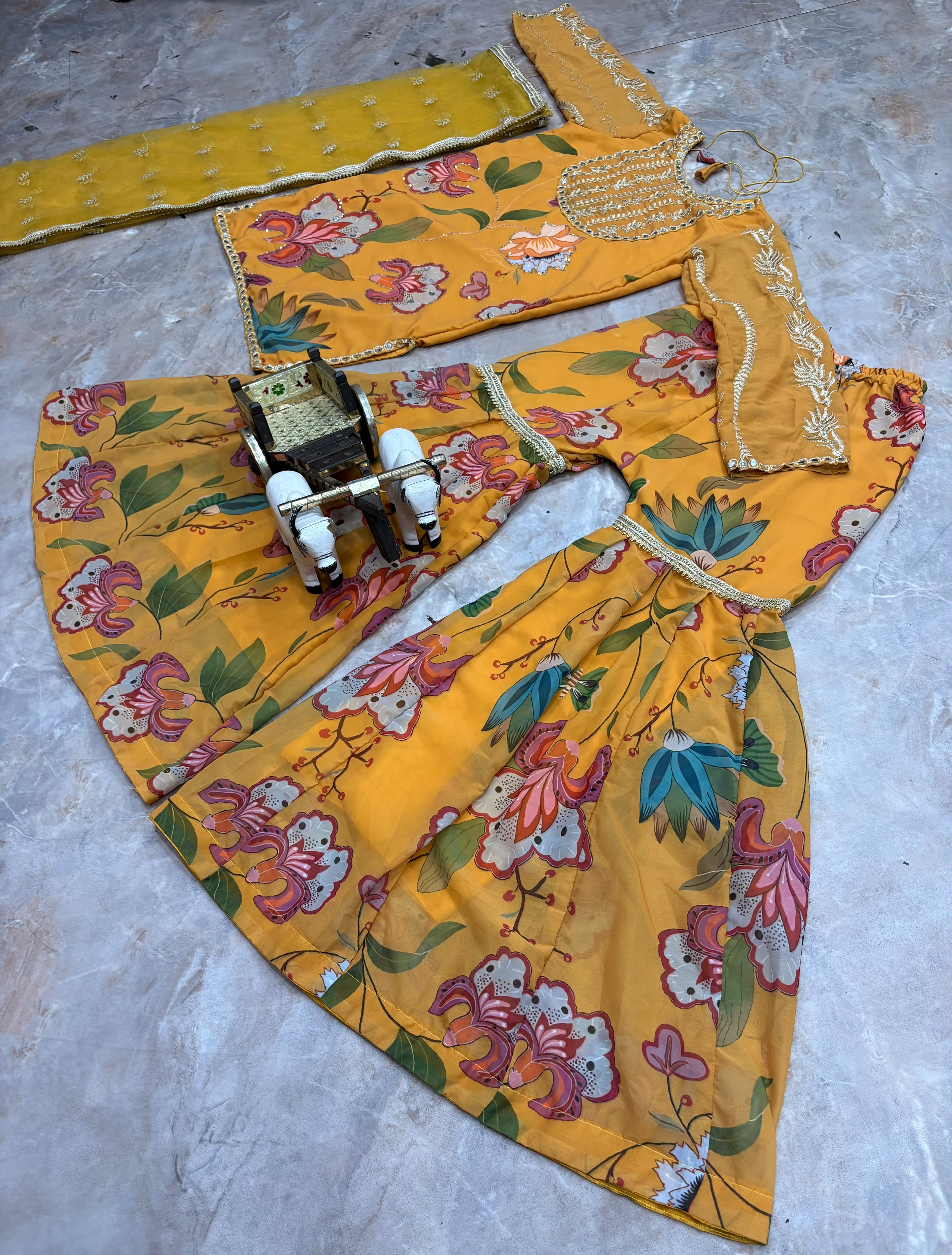 Mustard Yellow Floral Sharara Suit Set for Women