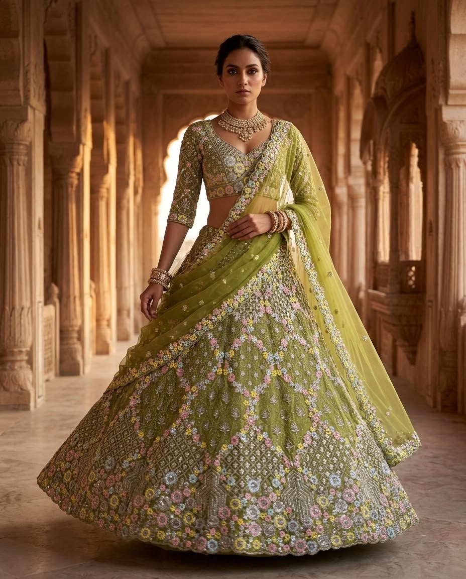 Olive Green Bridal Lehenga Choli Set, Floral Embroidered Wedding Lehenga, Designer Indian Bridal Wear, Reception Lehenga with Dupatta