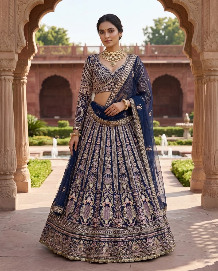 Royal Navy Blue Embroidered Lehenga Choli with Dupatta