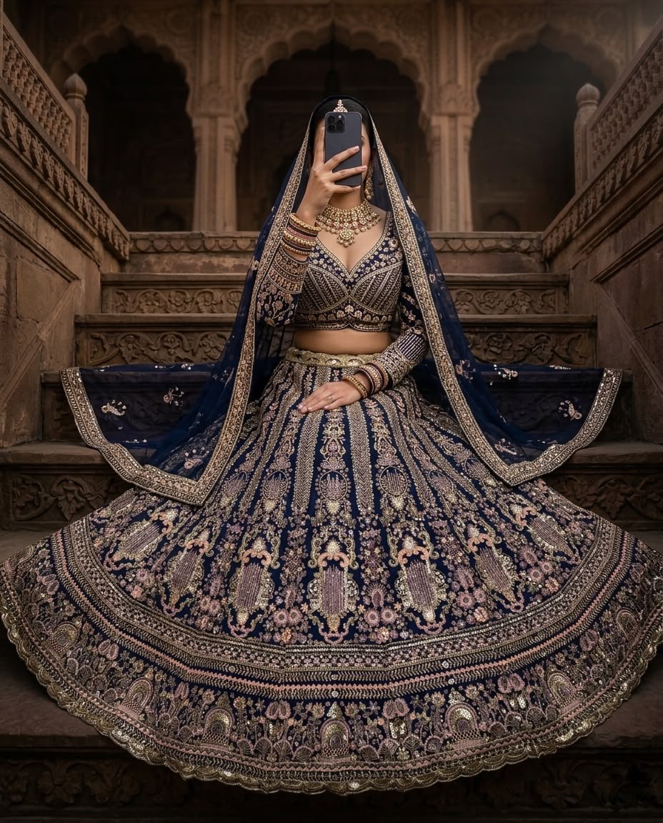 Royal Navy Blue Embroidered Lehenga Choli with Dupatta