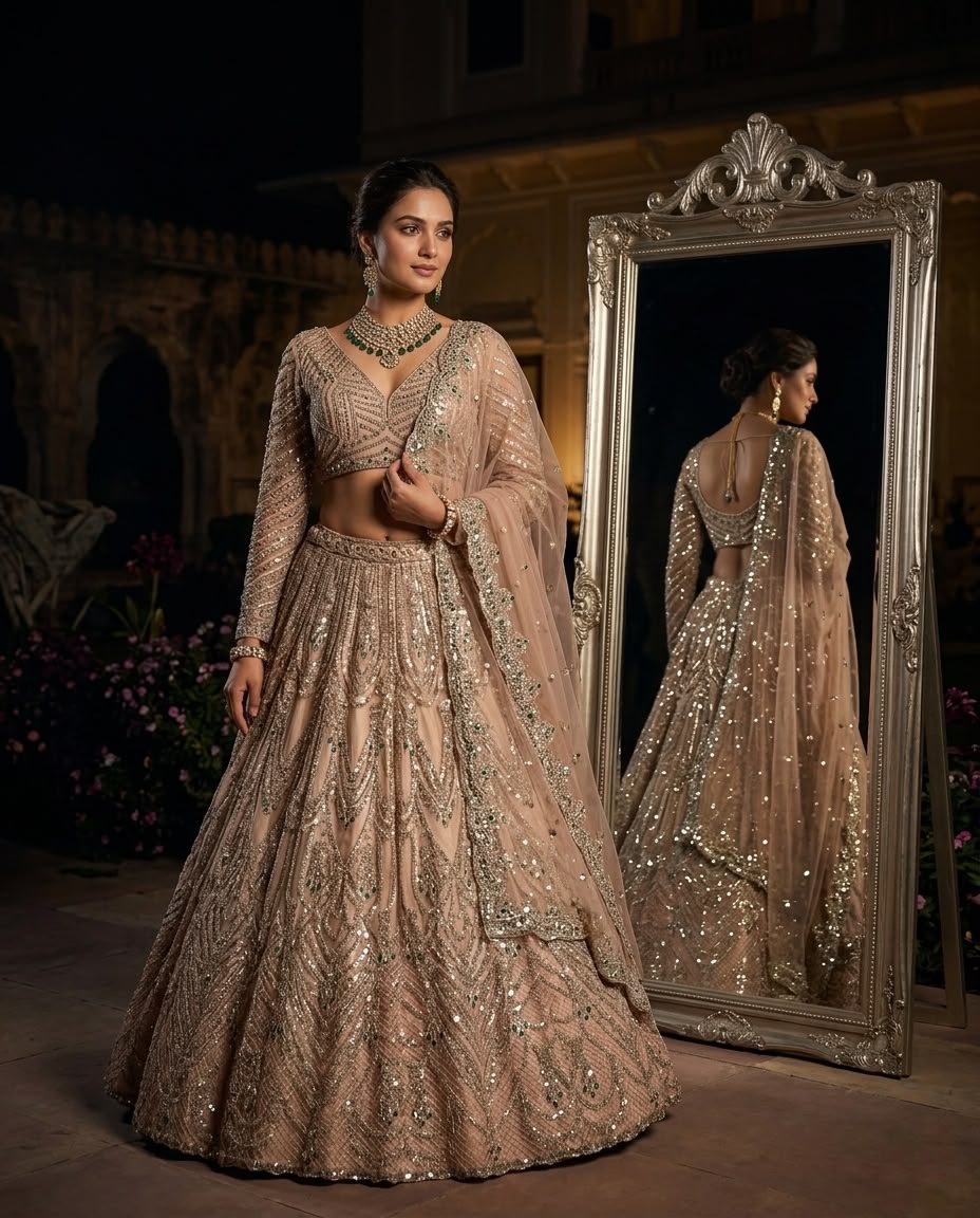 Blush Pink Bridal Lehenga Choli Set, Heavy Sequin Embroidered Wedding Lehenga, Designer Reception Outfit, Indian Bridal Wear