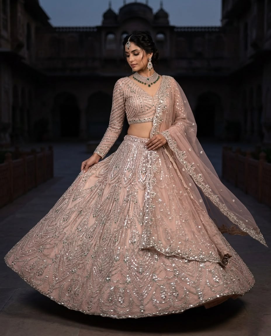 Blush Pink Bridal Lehenga Choli Set, Heavy Sequin Embroidered Wedding Lehenga, Designer Reception Outfit, Indian Bridal Wear
