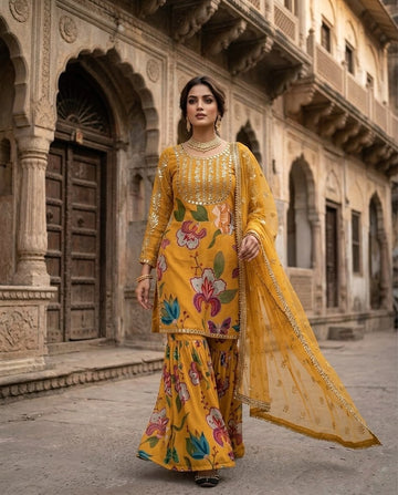 Mustard Yellow Floral Sharara Suit Set for Women