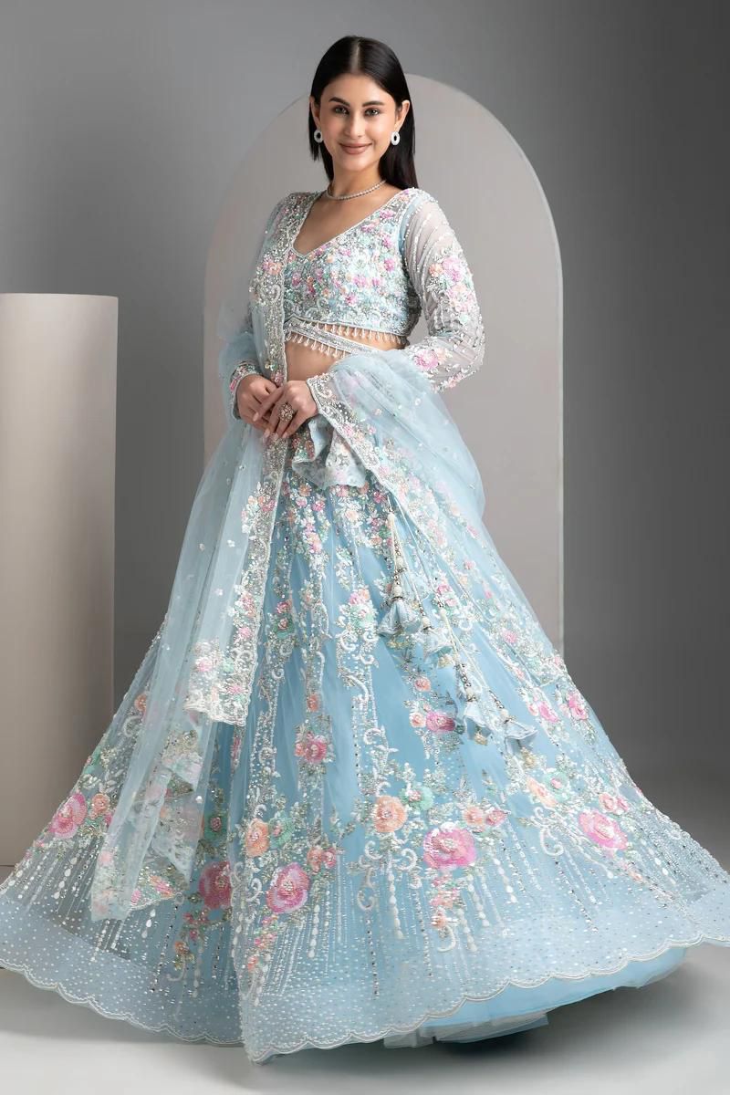 Mint Blue Floral Embroidered Lehenga Choli Set with Dupatta