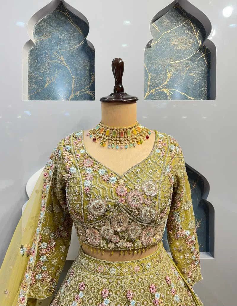 Olive Green Bridal Lehenga Choli Set, Floral Embroidered Wedding Lehenga, Designer Indian Bridal Wear, Reception Lehenga with Dupatta