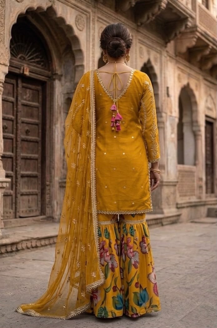 Mustard Yellow Floral Sharara Suit Set for Women