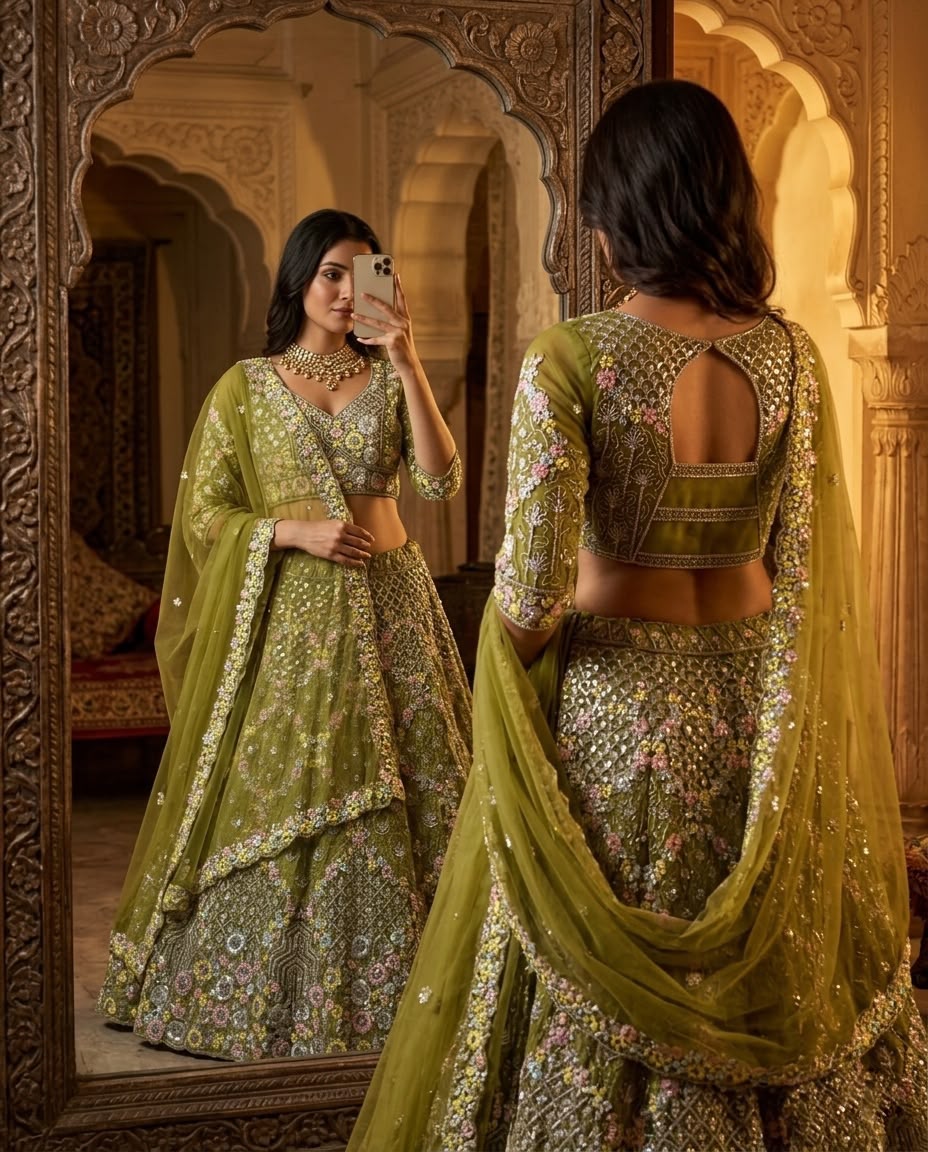 Olive Green Bridal Lehenga Choli Set, Floral Embroidered Wedding Lehenga, Designer Indian Bridal Wear, Reception Lehenga with Dupatta