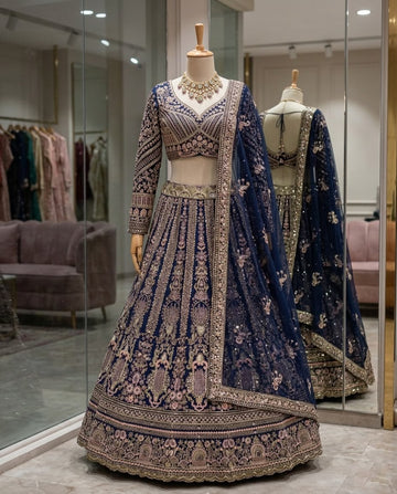 Royal Navy Blue Embroidered Lehenga Choli with Dupatta