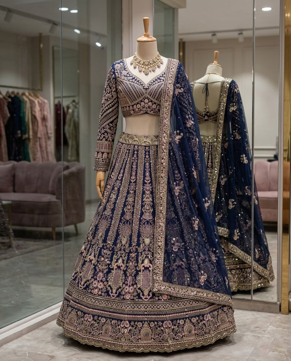 Royal Navy Blue Embroidered Lehenga Choli with Dupatta