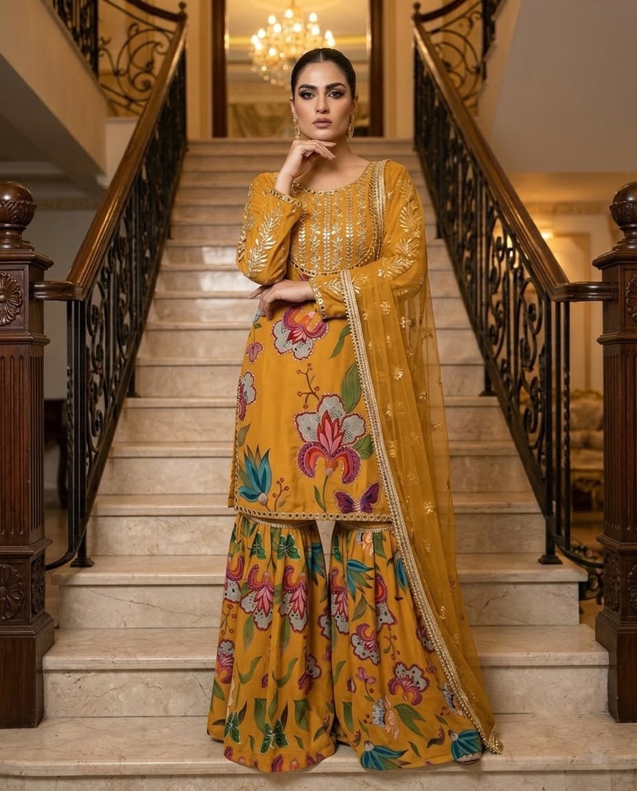 Mustard Yellow Floral Sharara Suit Set for Women