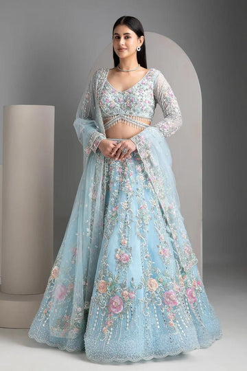 Mint Blue Floral Embroidered Lehenga Choli Set with Dupatta