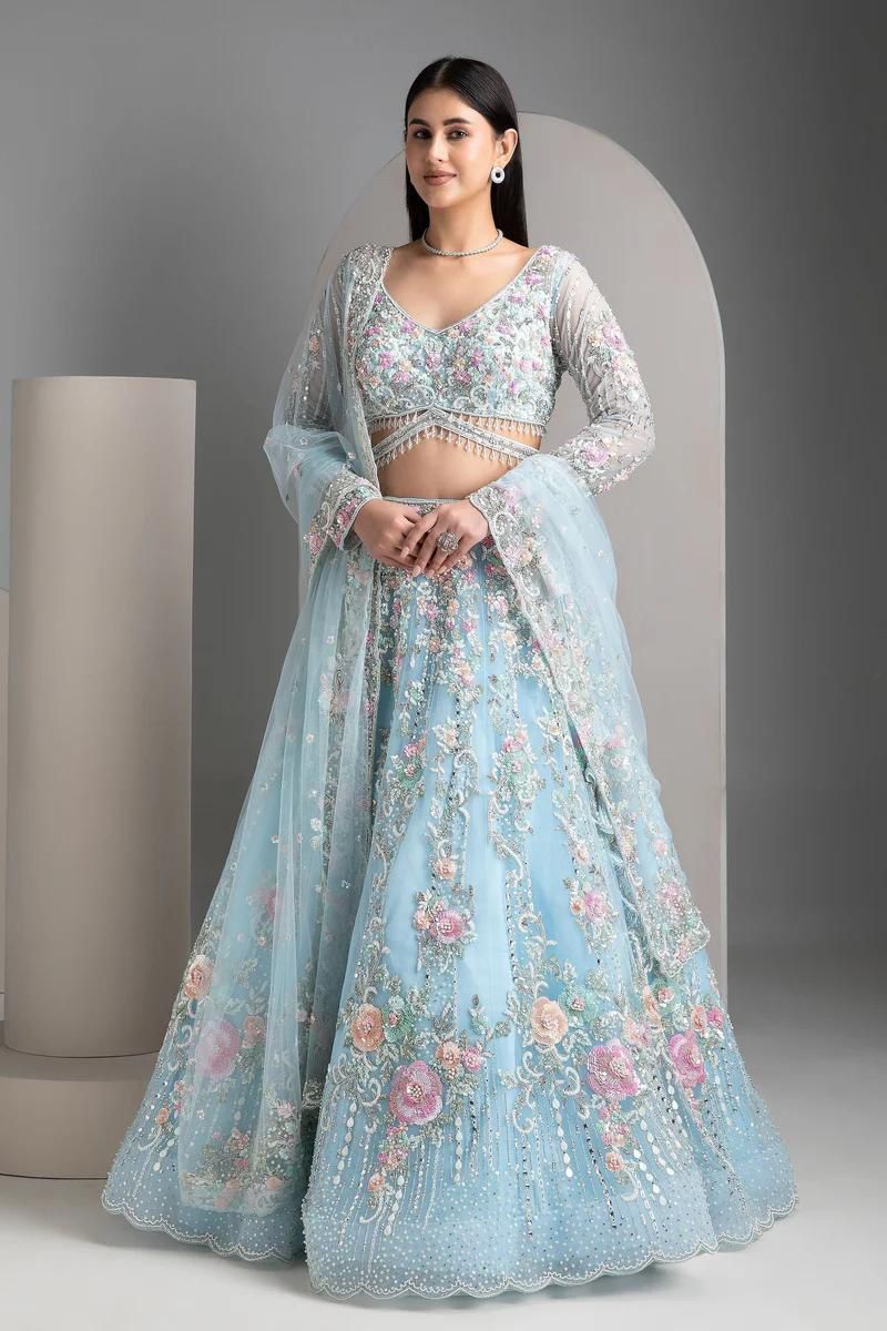 Mint Blue Floral Embroidered Lehenga Choli Set with Dupatta