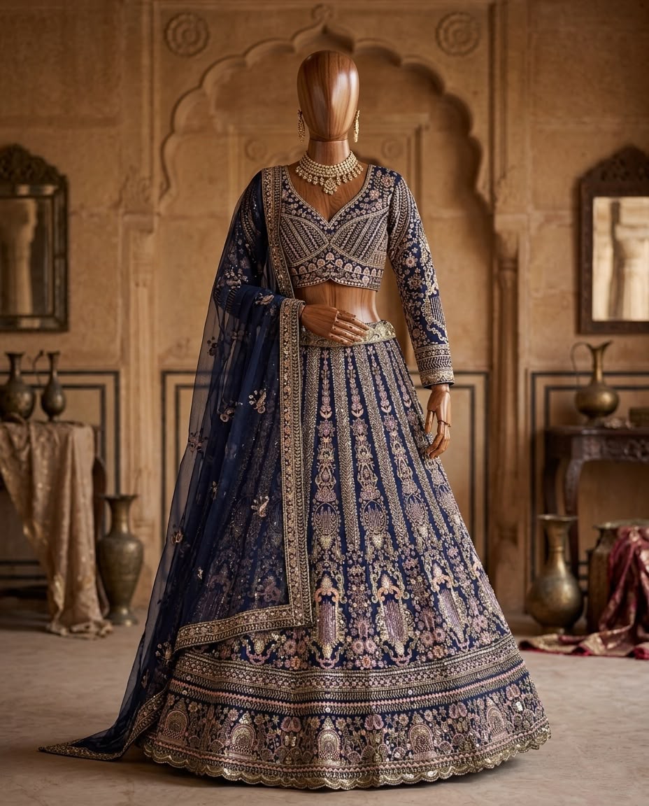 Royal Navy Blue Embroidered Lehenga Choli with Dupatta