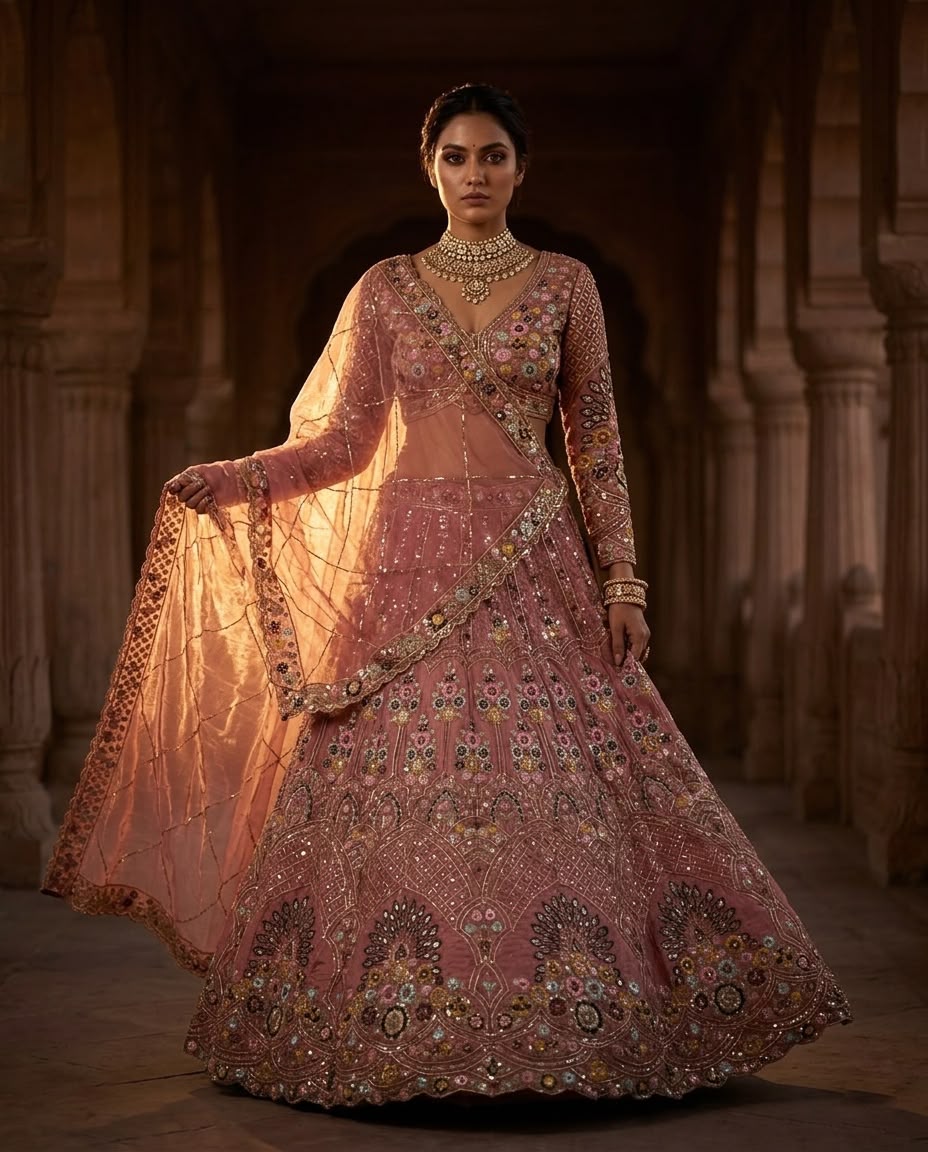 Dusty Rose Pink Bridal Lehenga Choli Set – Heavy Embroidered Wedding Lehenga with Dupatta, Designer Indian Bridal Outfit, Reception & Engagement Wear