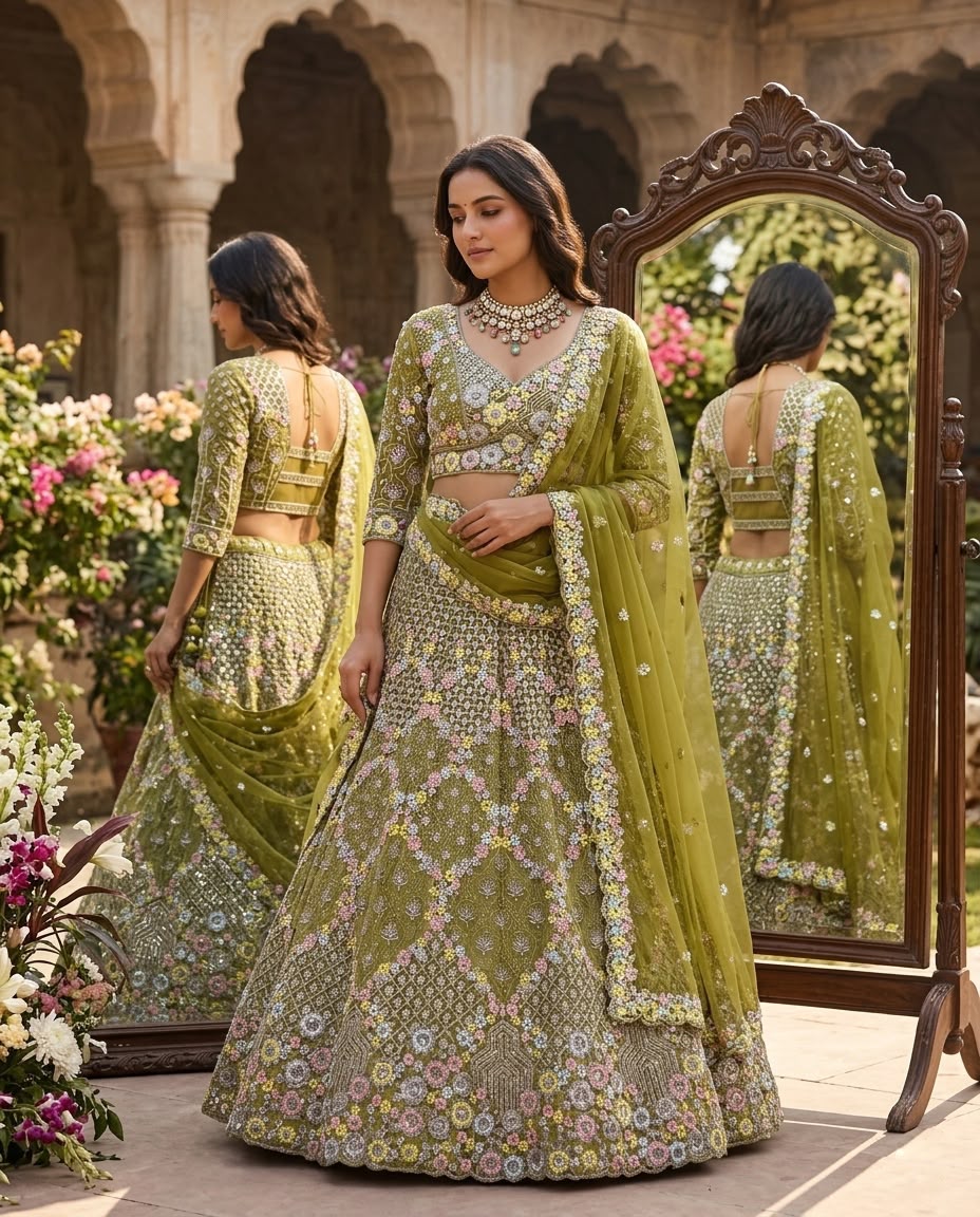 Olive Green Bridal Lehenga Choli Set, Floral Embroidered Wedding Lehenga, Designer Indian Bridal Wear, Reception Lehenga with Dupatta