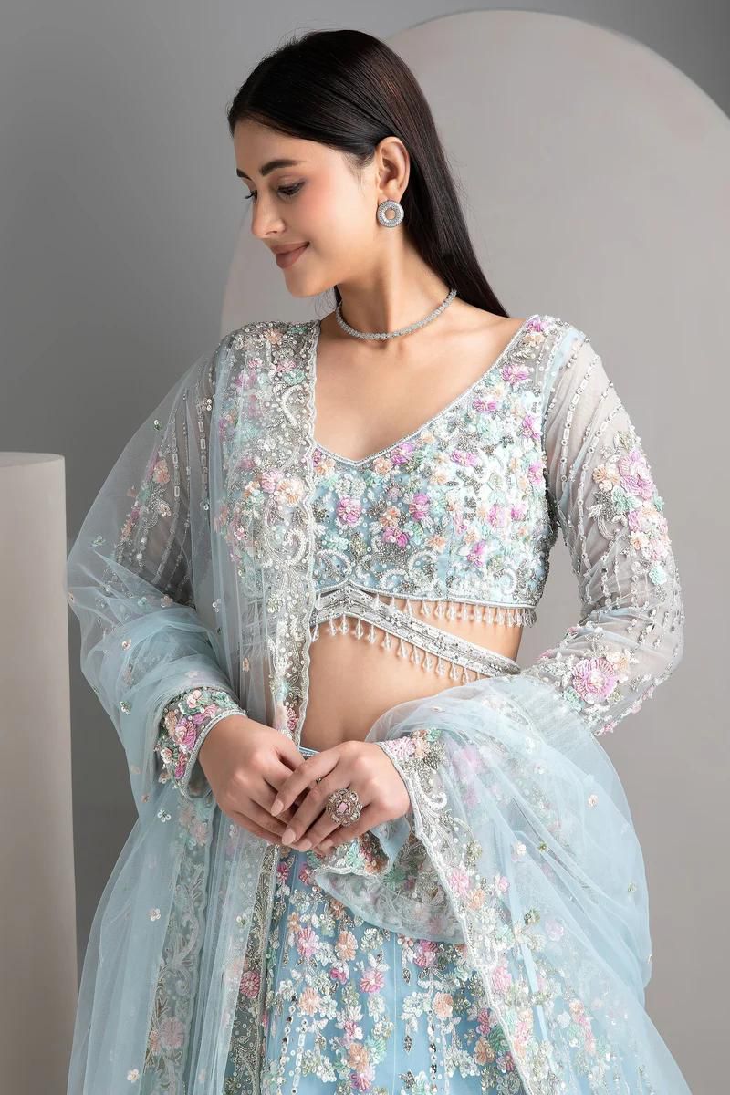 Mint Blue Floral Embroidered Lehenga Choli Set with Dupatta
