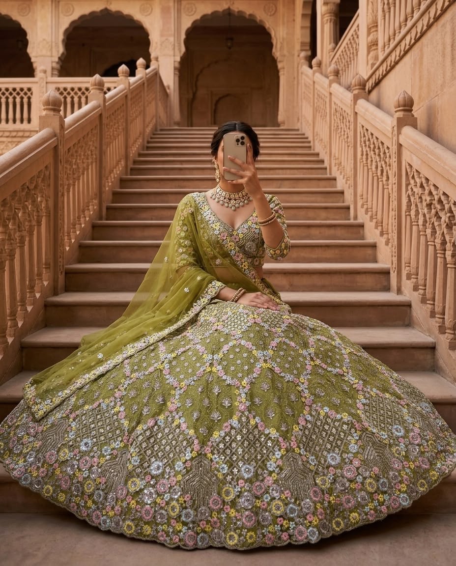 Olive Green Bridal Lehenga Choli Set, Floral Embroidered Wedding Lehenga, Designer Indian Bridal Wear, Reception Lehenga with Dupatta