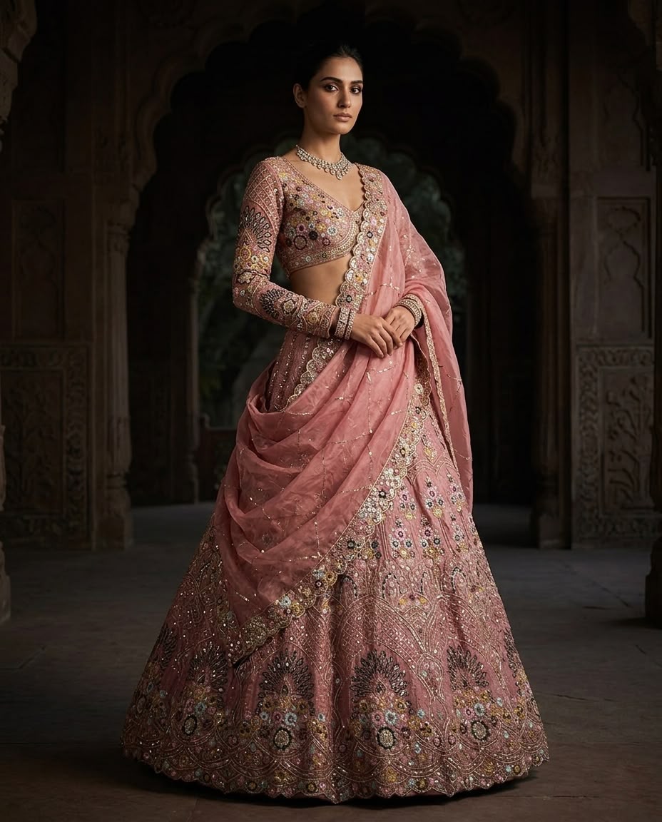 Dusty Rose Pink Bridal Lehenga Choli Set – Heavy Embroidered Wedding Lehenga with Dupatta, Designer Indian Bridal Outfit, Reception & Engagement Wear