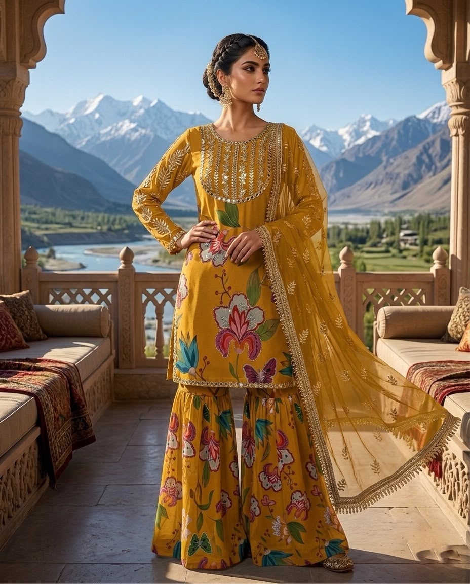 Mustard Yellow Floral Sharara Suit Set for Women