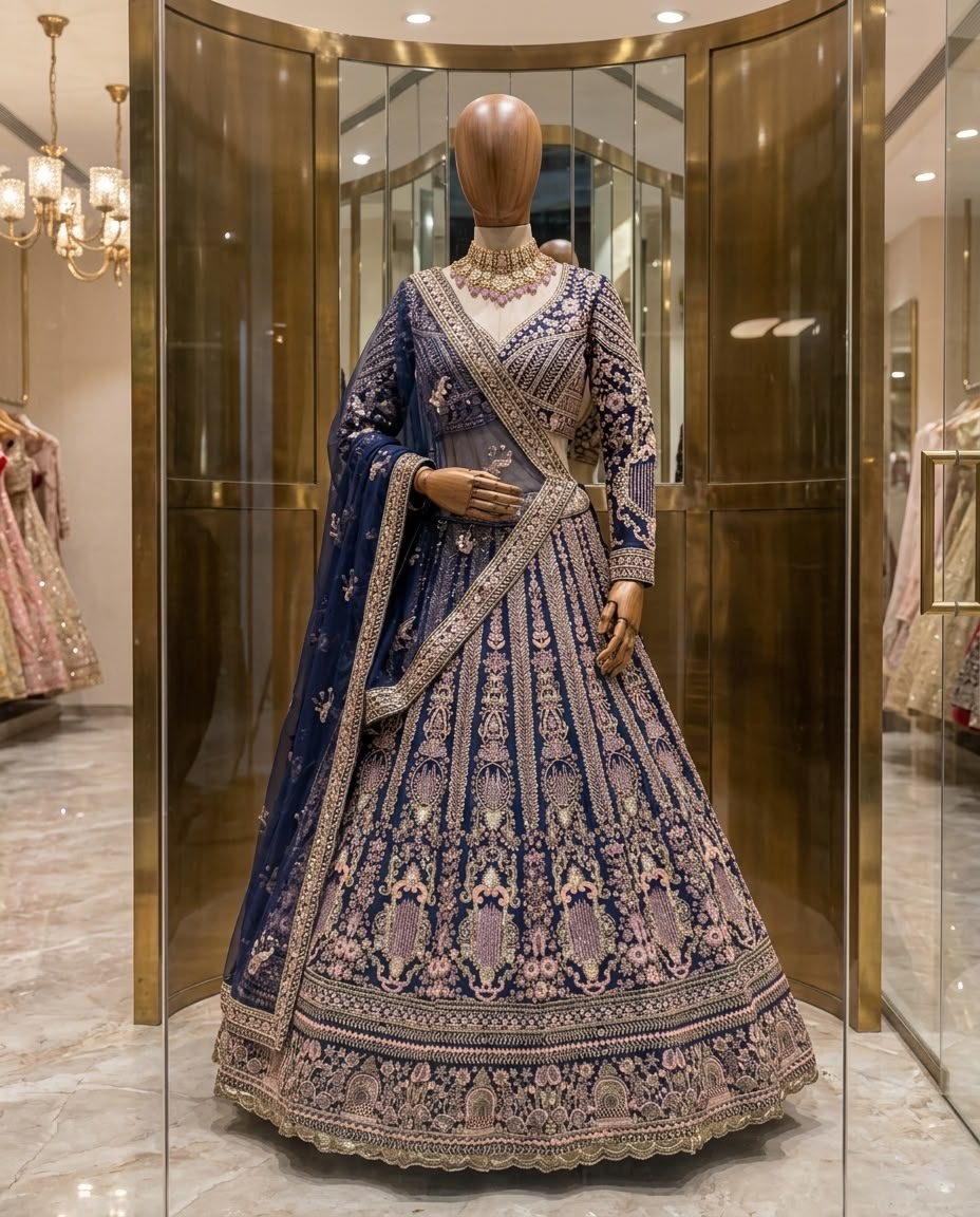 Royal Navy Blue Embroidered Lehenga Choli with Dupatta