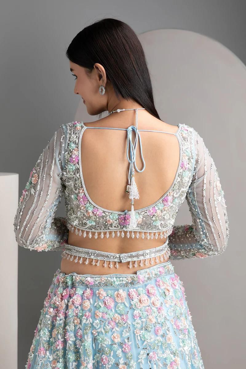 Mint Blue Floral Embroidered Lehenga Choli Set with Dupatta