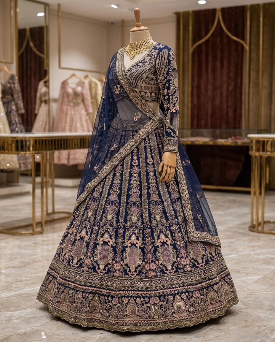 Royal Navy Blue Embroidered Lehenga Choli with Dupatta