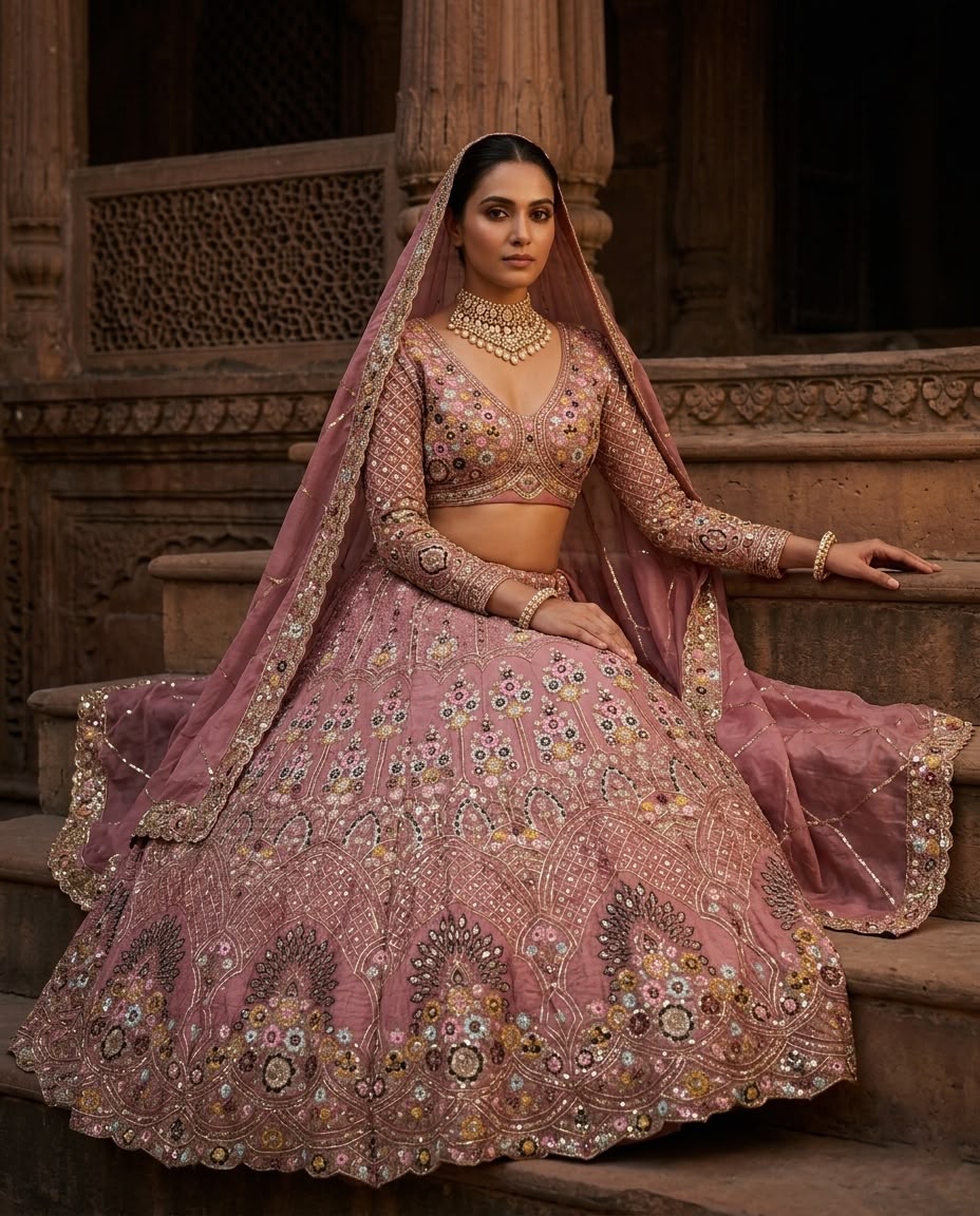 Dusty Rose Pink Bridal Lehenga Choli Set – Heavy Embroidered Wedding Lehenga with Dupatta, Designer Indian Bridal Outfit, Reception & Engagement Wear