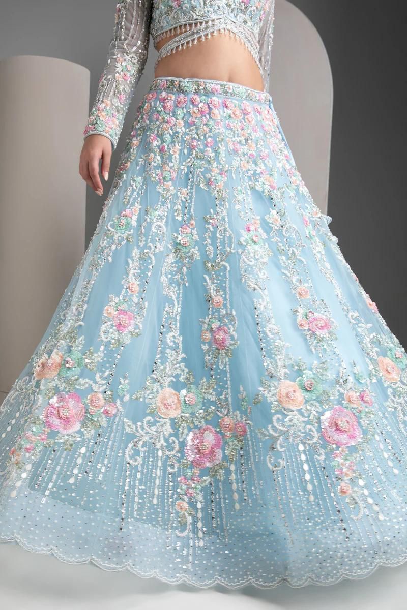 Mint Blue Floral Embroidered Lehenga Choli Set with Dupatta