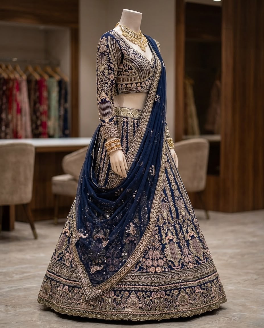 Royal Navy Blue Embroidered Lehenga Choli with Dupatta