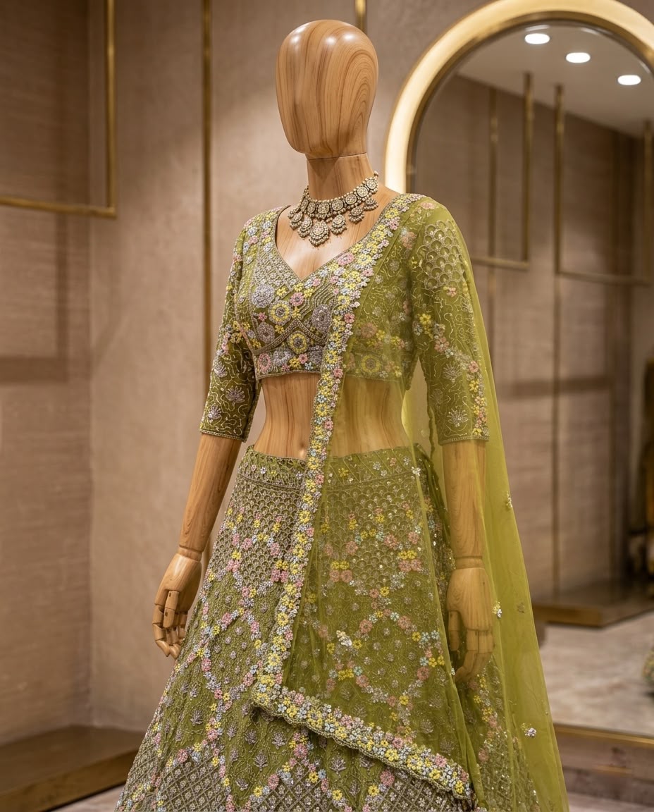 Olive Green Bridal Lehenga Choli Set, Floral Embroidered Wedding Lehenga, Designer Indian Bridal Wear, Reception Lehenga with Dupatta