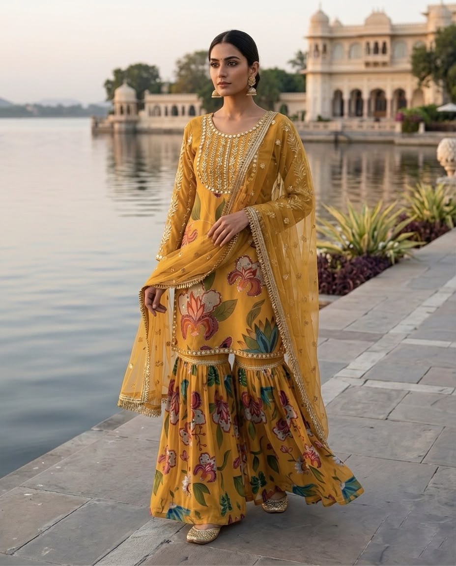 Mustard Yellow Floral Sharara Suit Set for Women