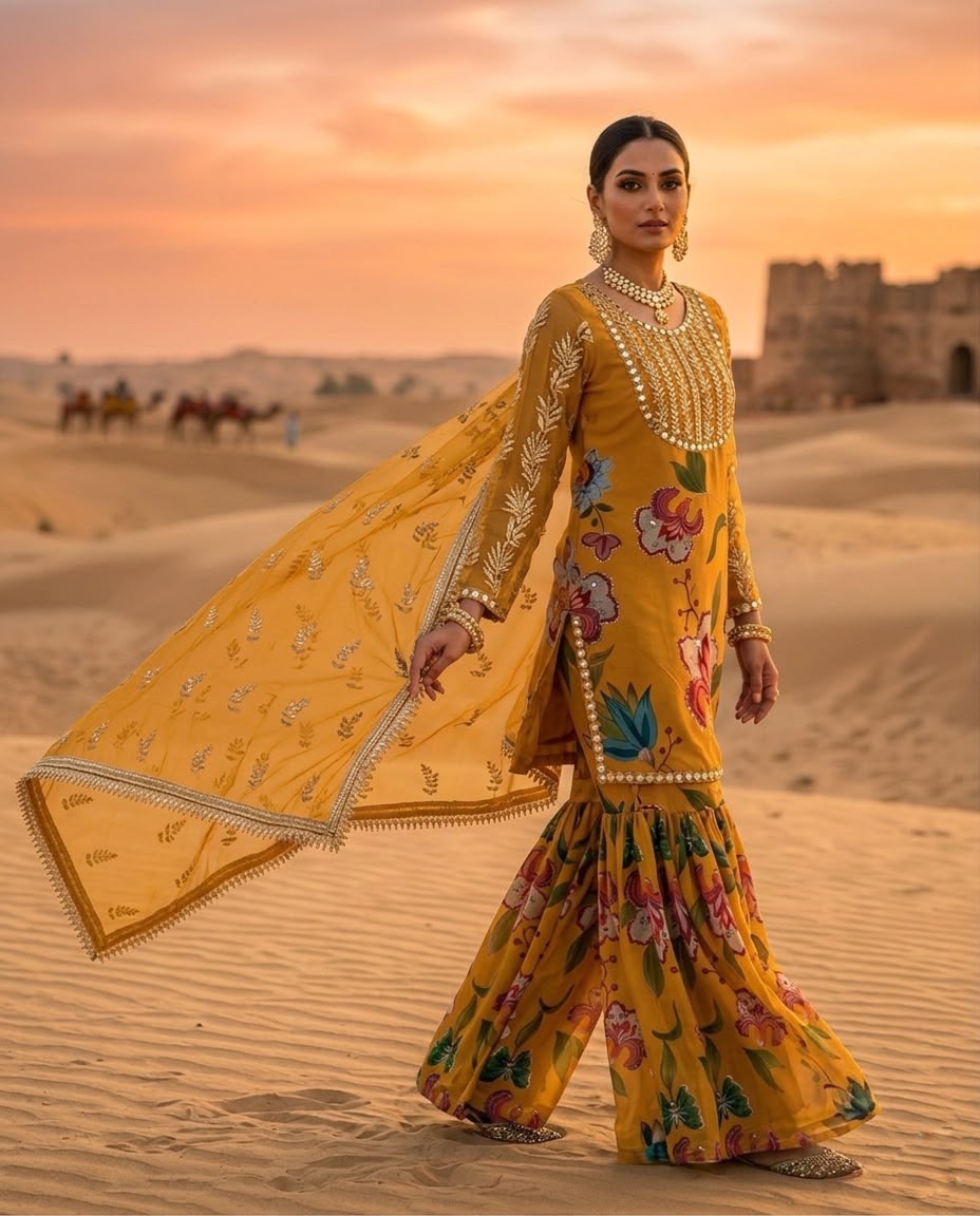 Mustard Yellow Floral Sharara Suit Set for Women