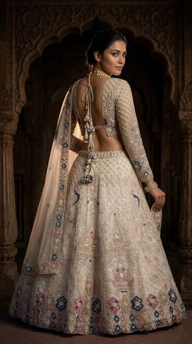 Designer Ivory Wedding Lehenga Choli Set | Floral & Peacock Embroidery