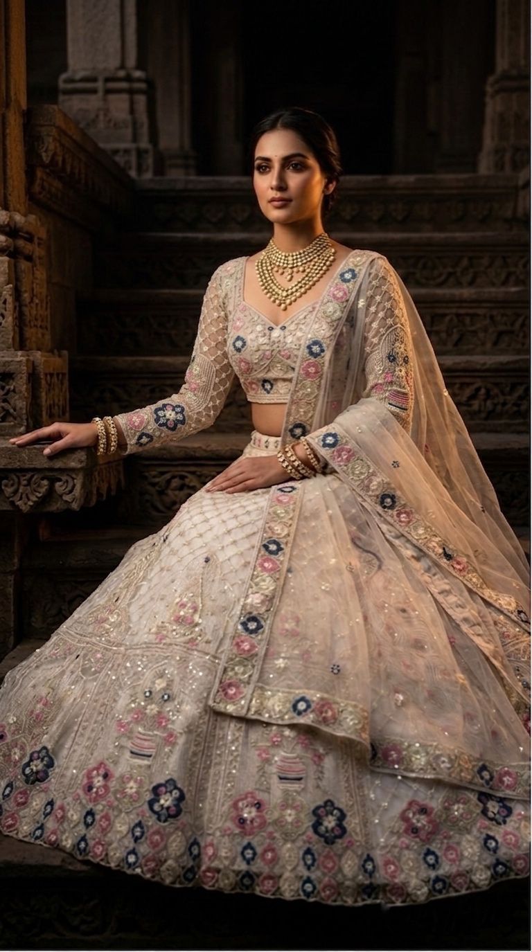 Designer Ivory Wedding Lehenga Choli Set | Floral & Peacock Embroidery