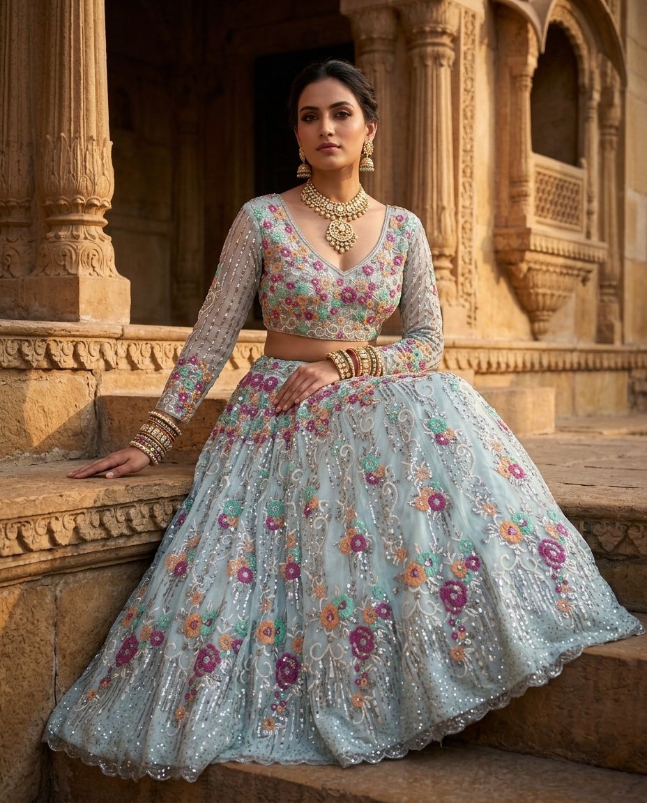 Mint Blue Floral Lehenga