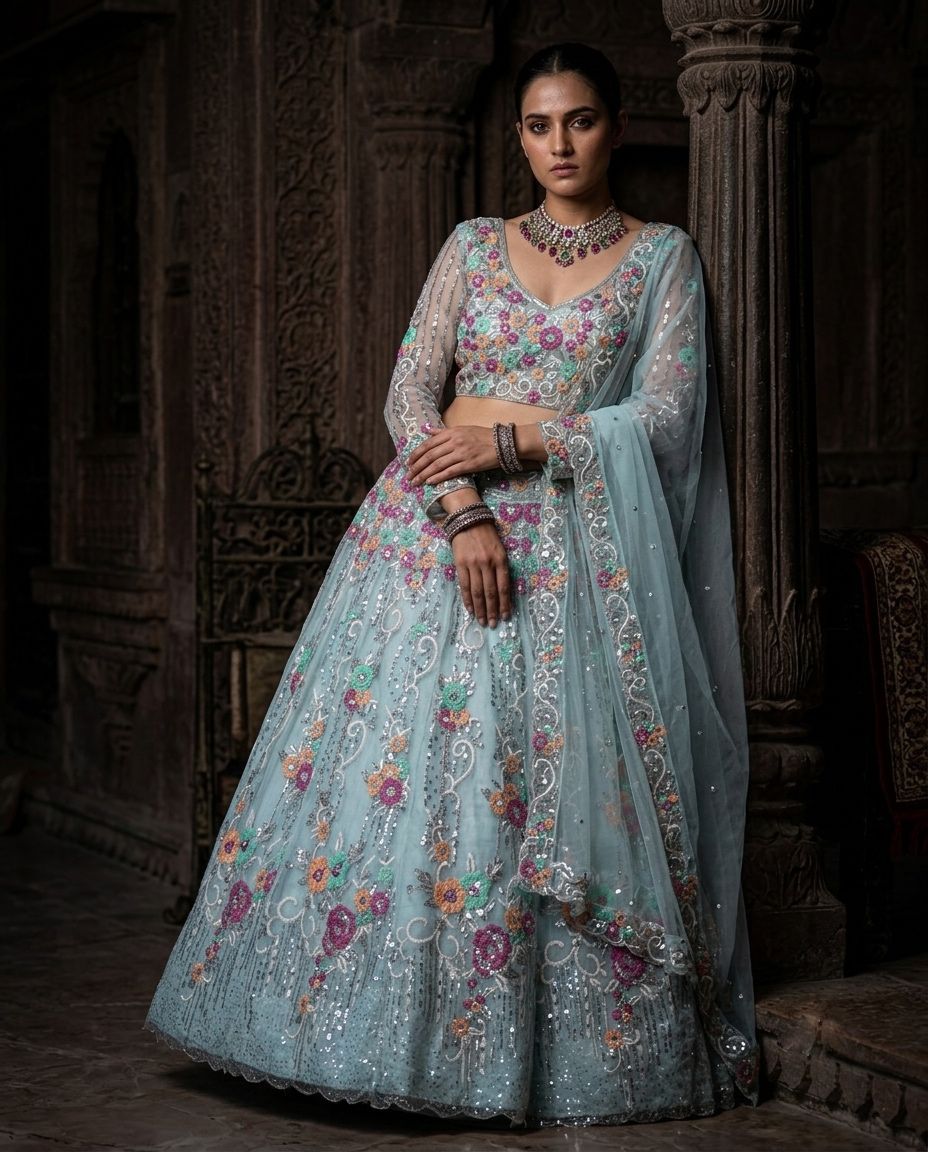 Blue Floral Embroidered Bridal Lehenga Choli Set with Sequins & Net Dupatta