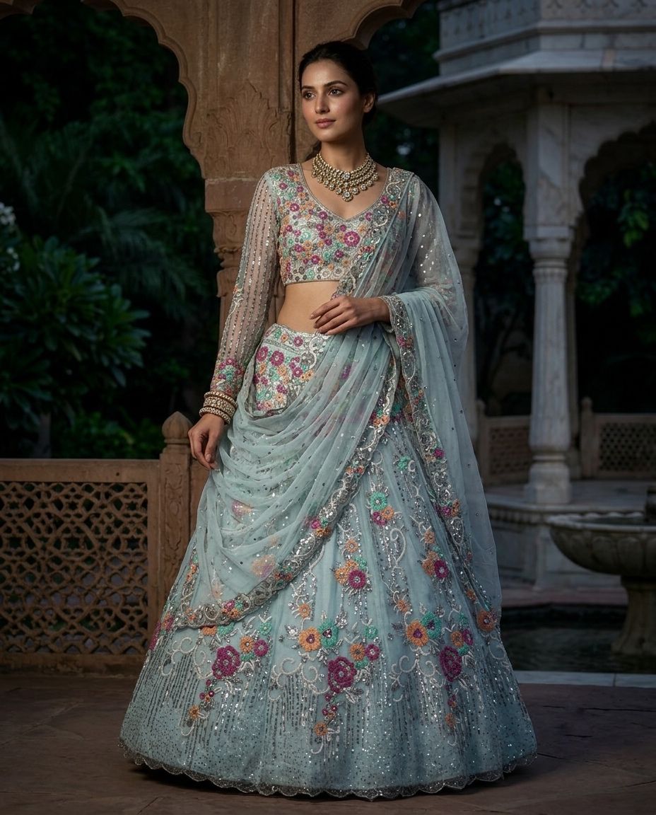 Blue Floral Embroidered Bridal Lehenga Choli Set with Sequins & Net Dupatta