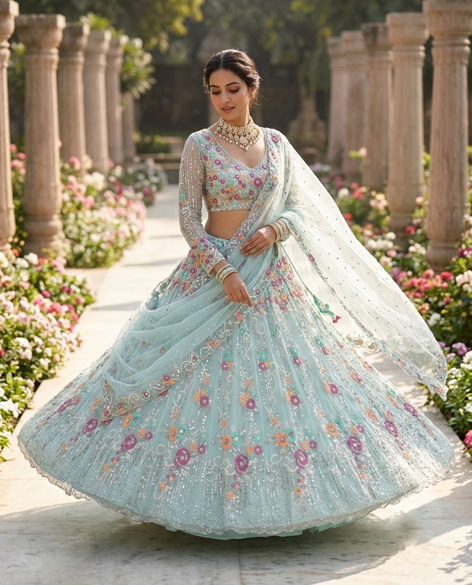 Mint Blue Floral Lehenga