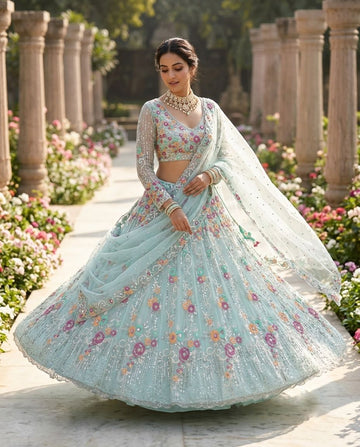 Blue Floral Embroidered Bridal Lehenga Choli Set with Sequins & Net Dupatta