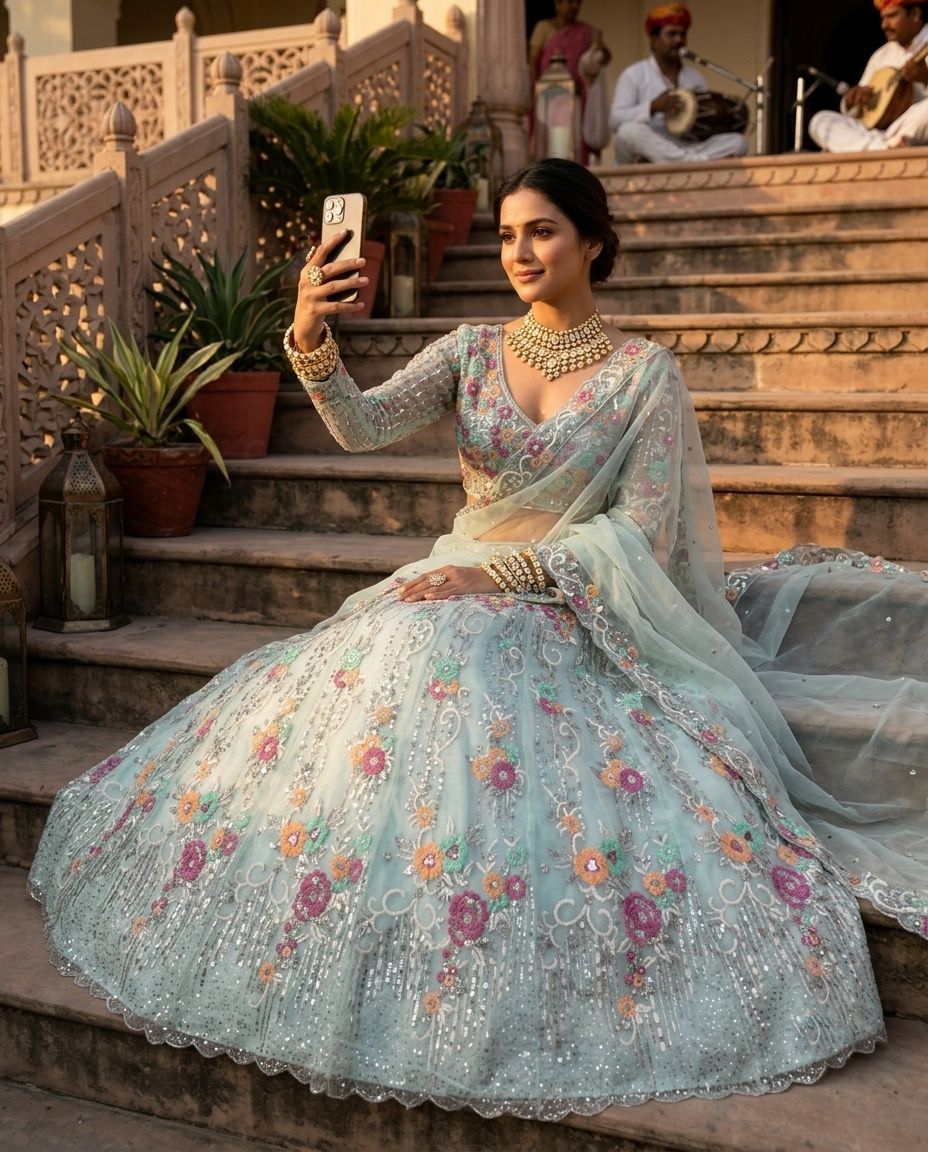 Blue Floral Embroidered Bridal Lehenga Choli Set with Sequins & Net Dupatta