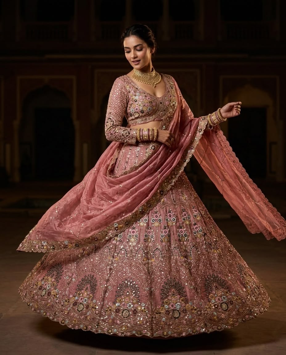Dusty Rose Pink Bridal Lehenga Choli Set – Heavy Embroidered Wedding Lehenga with Dupatta, Designer Indian Bridal Outfit, Reception & Engagement Wear
